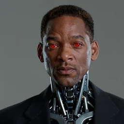 film still of will smith as the terminator (1984 film),glowing red eyes, half exposed exoskeleton face, half cyborg, film grain, insanely detailed, 4k, photorealistic, hd