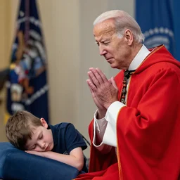 joe biden wearing a red cloak and praying next to a sleeping young boy