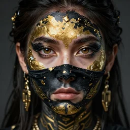 a stunning ultra detailed fantasy fine art portrait photo of a girl fully covered in black and gold face paint, by tom bagshaw, artgerm and natalie shau, bandana mask, 3 5 mm lens, golden ratio composition, deep depth of field, perfect eyes and face, cyberpunk, soft lighting, artstation, 8 k
