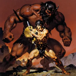 portrait of barbarian fighting giant, coherent! by mariusz lewandowski, by frank frazetta, deep color, strong line, high contrast