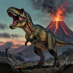 a single tyrannosaurus rex roaring, in the distant background is a volcano spewing lava, perfect art, gapmoe yandere grimdark, trending on pixiv fanbox, painted by greg rutkowski makoto shinkai takashi takeuchi studio ghibli, akihiko yoshida
