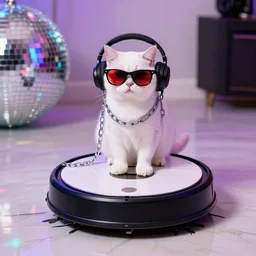 white cat wearing sunglasses, cat sitting on top of roomba, roomba, cat wearing headphones and chains, reflective marble floor, disco party lights, red tinted sunglasses, cat wearing chains