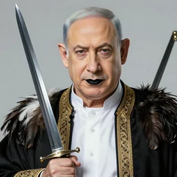 insanely detailed portrait of benjamin netanyahu, oriental clothing, feathers, holding sword, black lipstick, elegant patterns background, thick outlines, by yoshitaka amano