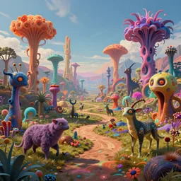 a beautiful surreal landscape in an other worldly dimension, many strange creatures roaming around, vivid caustics, 8 k, high - detail