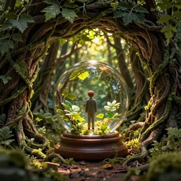 ian miniature overgrown forest with vine-covered cave entrance in shadow and warm light dappled through the leaves inside glass orb, , Wadim Kashin, in Peter Elson color scheme, featured in artstation, octane render, cinematic, elegant, intricate, 8k