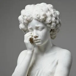 a photorealistic all white marble sculpture of a black girl with a white afro crying