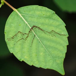 a close up of a leaf with insect trails which look like a mountain landscape, 8 k nature photography