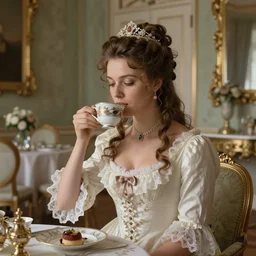 Victorian princess drinking tea on the royal palace dining room. By Konstantin Razumov, highly detailded