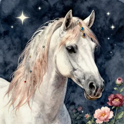 highly detailed watercolor, portrait, arabian horse unicorn with a long ombre mane, realistic jewels in its mane, stars and night background, nostalgia for a fairytale, magic realism, flowerpunk, mysterious, by charles vess, anato finnstark, cinematic lighting, beautiful face by leyendecker