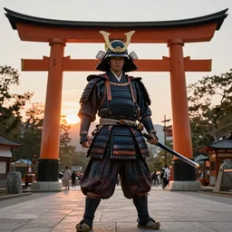 a godlike and indomitable helmeted samurai wielding their Odachi before a large Torii gate, the rising sun in the background. Photo realistic. Award winning