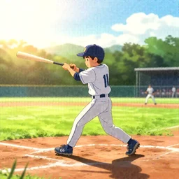 a boy hitting a homerun in a baseball game on an idyllic beautiful summer day. Lens flare. Golden hour. Craig Mullins Makoto shinkai.