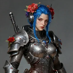 portrait of beautiful young maiden, warhammer, cyber style, cyberpunk armor, a lot of more scars, more and more flowers, blue head, some red water, the middle ages, highly detailed, artstation, illustration, artgerm sylvari portrait, 8 k quality, art by jean delville
