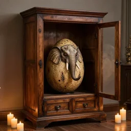 a large old wooden cabinet with a detailed scary alien elephant egg, beautifull candle low light