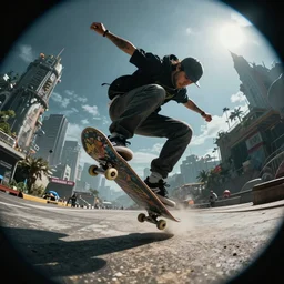 cthulhu as the pro skater doing a kickflip with skateboard, unreal engine, extremely detailed, fish eye lens
