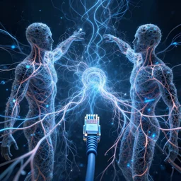 ethernet cable veins humans drowning in electricity whirlpool of doom, porous data flow human connection