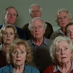 7 0 s film still from a horror movie featuring elderly people looking confused and distraught, kodachrome, cinecolor, cinestill, photorealism, cinematic, film grain, film texture, vhs recording