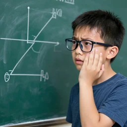1 7 - year old man with glasses sweating, looking confused, looking at a diagram on a chalkboard, photorealistic