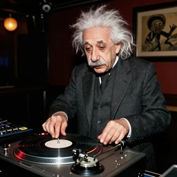 color photograph of Albert Einstein DJing a record player at a nightclub, color photograph