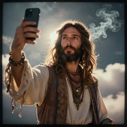 view from the phone camrea, poor camrea quality, Hippie Jesus taking a selfie in heaven smoke everywhere