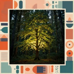 a glowing tree in a forest in england, sense of longing, rule of thirds, clever design, decorative modern graphic design collage border, by hannah hoch and jesse treece and christian jackson and josh brill