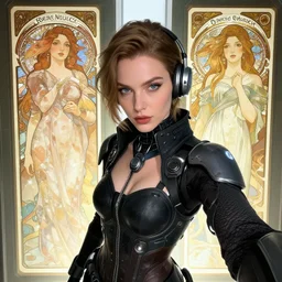 woman wearing cyberpunk clothing in a sci - fi city, high detail, crisp shading, in the style of andree wallin and alphonse mucha and lisa frank, selfie