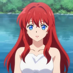 A Beautiful Anime Girl with red hair and blue eyes at a lake, character design, facial symmetry, vivid