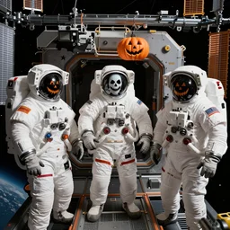 astronauts inside the international space station wearing spooky costumes during halloween