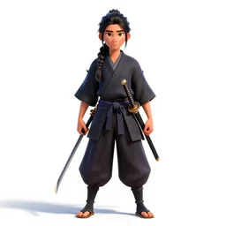 braided-hair samurai with katana, stylized pixar-style 3d render, full body, standing, isolated on a pure white background, centered, whole figure in frame, sharp focus, studio lighting