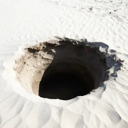 deep dark pit on white sandy beach