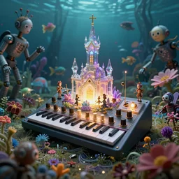 a centered render of intricate modular synthesizer of alice in wonderland, shining its light across a tumultuous sea of flowers, undersea animals and crystal church, robots by dorothea tanning and salvador dali, trending on artstation, cyber punk, octane render, high detailed, human : - 2, blur : - 2, depth of field : - 2, w 1 9 2 0, h 1 0 8 0, - n 4