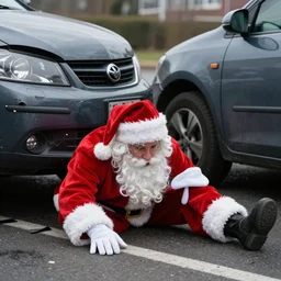 santa clause in a car accident, presents all over the road, realistic, professional photography, sharp lens, focus, 4 k, very detailed