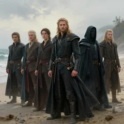 an image of the mistborn beach episode, with characters from the series mistborn on a beach, vin, sazed, spook, breese, etc.... a wonderful masterpiece highly detailed, beautiful cinematic light deep focus, elegant, digital painting, smooth, sharp focus, dramatic illumination, oil painting style of caravaggio.