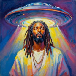 UFO hovering around an African Jesus with dreadlocks, colourful painting by Hsiao-Ron Cheng,