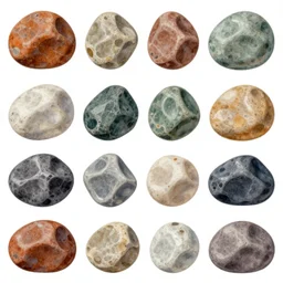 full color page scan of reference sheet of various stones, matte painting,