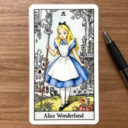 Magical Alice in wonderland tarot card , pen and ink, intricate line drawings, by Yoshitaka Amano, Ruan Jia, Kentaro Miura, Artgerm, watercolor