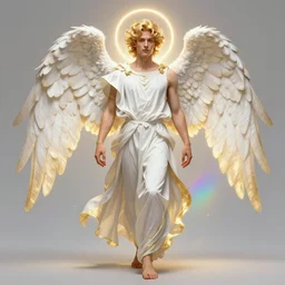 full figure beautiful young fit male angel with curly blond hairs, dressed with fluent clothes, without feet, majestic wings, luminous halo, by greg rutkowski and alphonse mucha, d & d character, gradient white to gold, in front of an iridescent background, highly detailed portrait, digital painting, artstation, concept art, smooth, sharp focus illustration, artstation hq