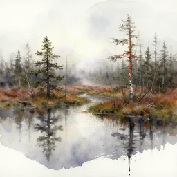 watercolor painting of scandinavian bog, reflective, fog, ambient lighting, art by anders zorn, wonderful masterpiece by greg rutkowski, cinematic light, american romanticism by greg manchess, creation by tyler edlin, sloppy and quick, sketched mockup auqarelle, paint splashes, splashed dripping ink