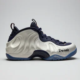 nike foamposite sneaker with dennis written on the side high lighting catalog photography