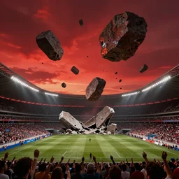 meteorites fall from the red sky upon a crumbling football stadium, crowds panic, cinematic lighting by Jessica Rossier, stunning volumetric lighting, photorealistic, hyper detailed, unreal engine 5, IMAX quality, cinematic, epic lighting