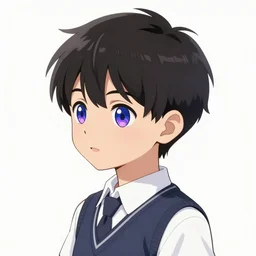 small boy with back hair and blue purple eye, school uniform, anime style, hyper detailed, illustration, digital painting, art by artgerm and greg rutkowski and alphonse mucha, high delicate defined details, anime stylized, highly detailed