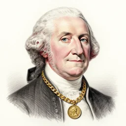 a photorealistic colored pencil sketch of a happy George Washington wearing a gold chain around his neck with a small Doubloon coin attached as a necklace. This 4K HD image is Trending on Artstation, featured on Behance, well-rendered, extra crisp, features intricate detail and the style of Unreal Engine.