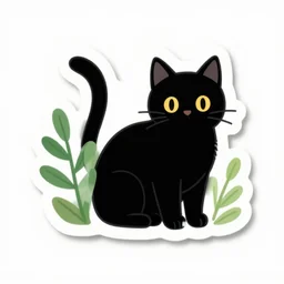 black cat and plant illustration sticker, one sticker with white background, sigma 8 5 mm f / 1. 4