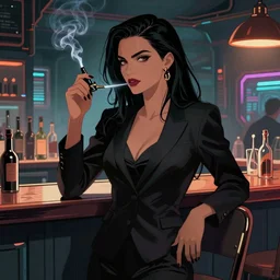 Jill Stingray, VA-11 Hall-A, illustration, cyberpunk, bartending, dark hair, smoking, suit