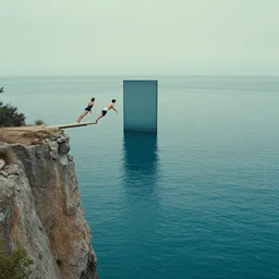 a cliff jumping into waters that are a portal to a different dimension, film still by Wes Anderson