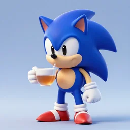 3d render of Sonic drinking a cup of tea, trending on artstation, blender, octane render