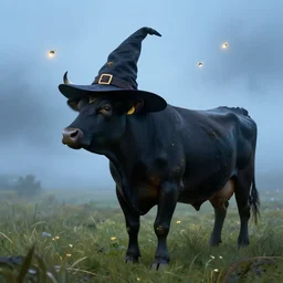 a detailed matte painting of a cow standing in a grassy field wearing a witch hat, cow wearing hat!!!! viewed in profile, glowing flying insects and fog in the background, black and blue color scheme with gold highlights, in the style of discworld and harry potter, 8 k, octane render