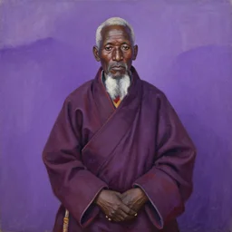 old black man, tibet, dzo, shades of purple, oil painting by aaron douglas,