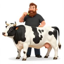 man with a big beard eating an entire cow, whole live cow, black and white spots