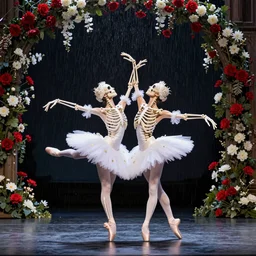 two ballerina skeletons dancing on stage while it rains flowers everywhere, red and white flowers, Baroque