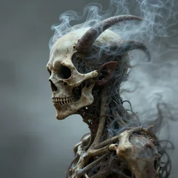 a uncut sideview portrait of a demon made of smoke and laced bone. dynamic. motionblur. cinema 4 d 8 k gigapixel render. substance designer. unreal engine. abstract demon face vanishing. made by billelis, riabovitchev, tomasz alen kopera and dom qwek. inspired by janusz jurek